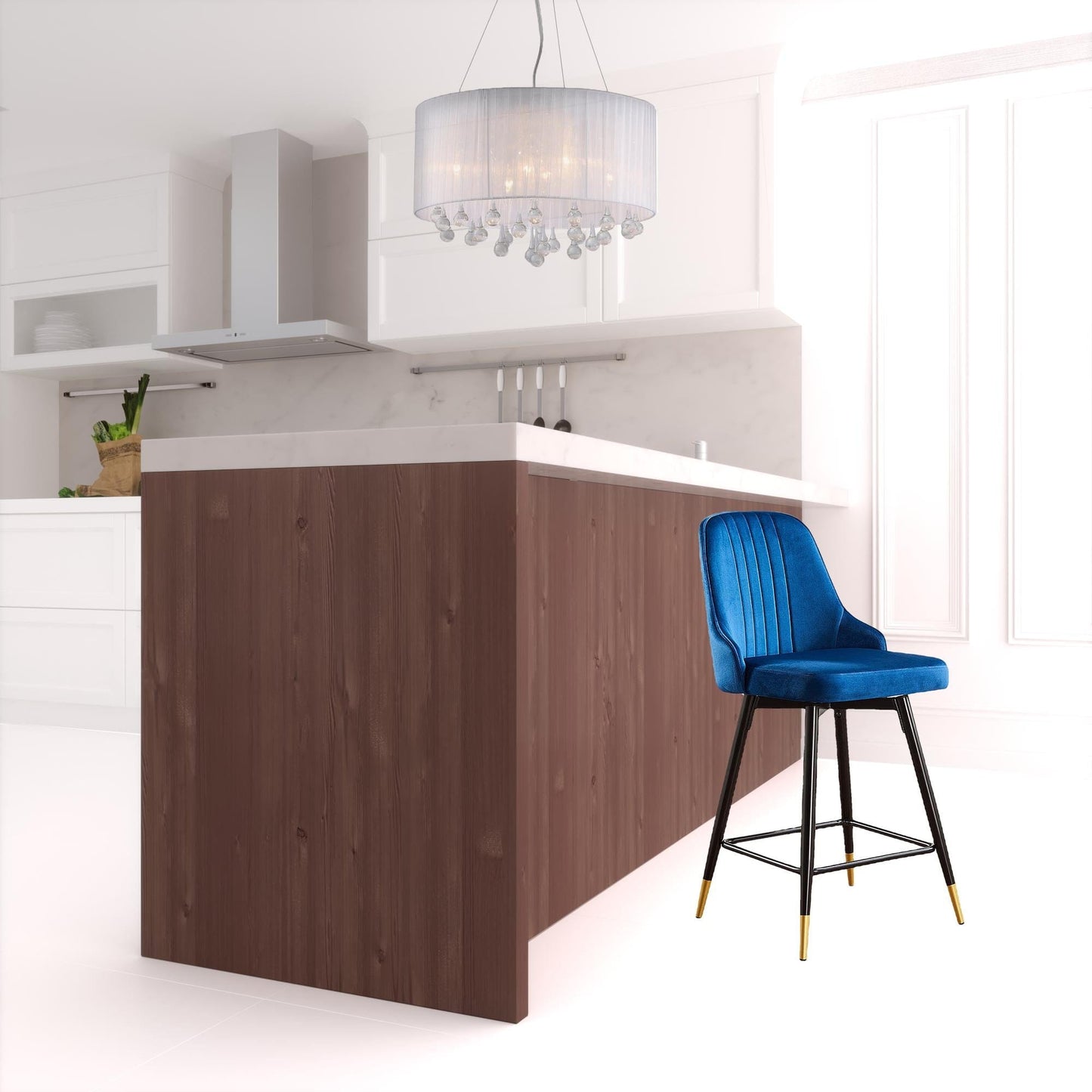 Set Of Two 35" Blue Velvet And Black Bar Chairs