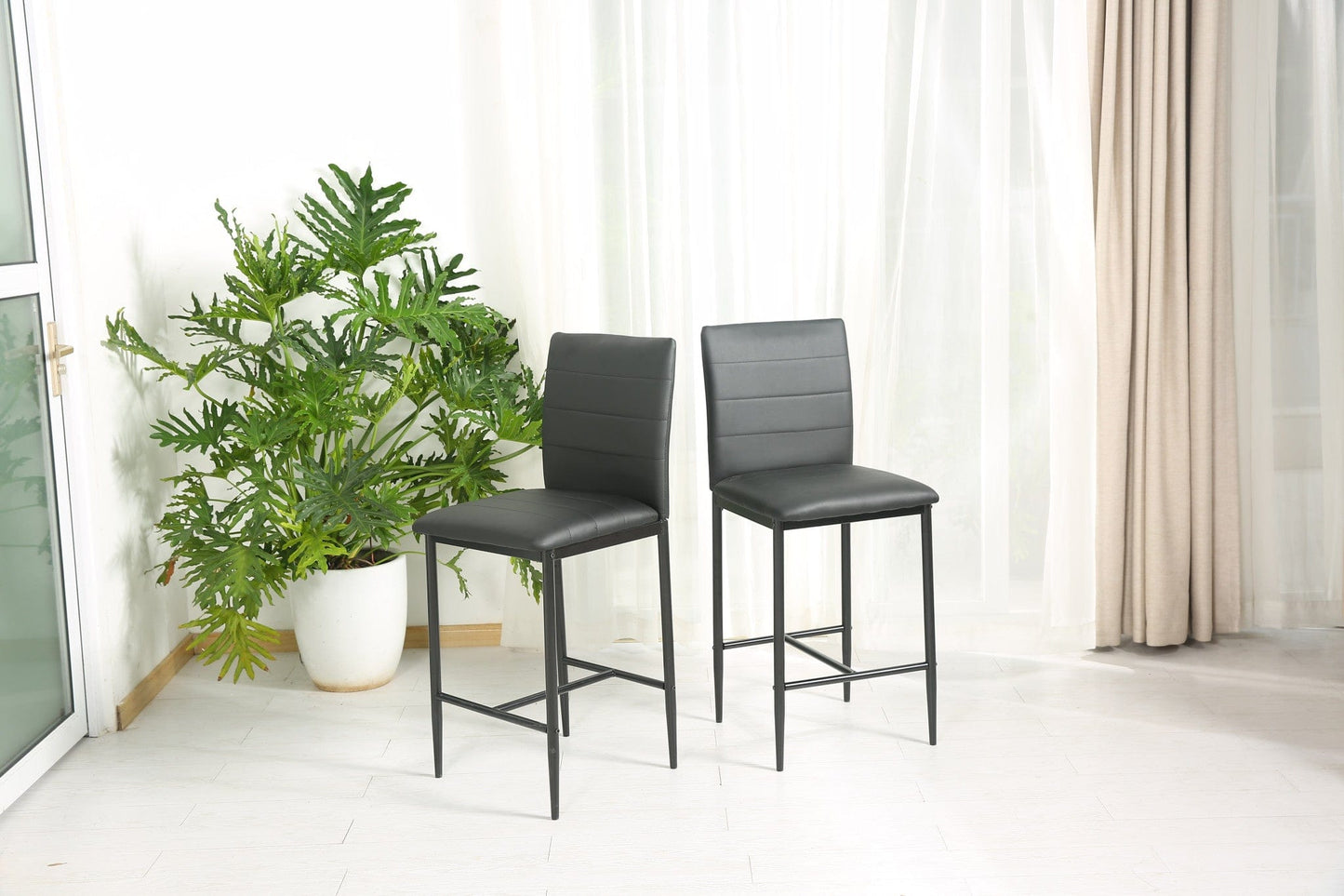 Set Of Two 40" Black Faux Leather And Steel Bar Chairs