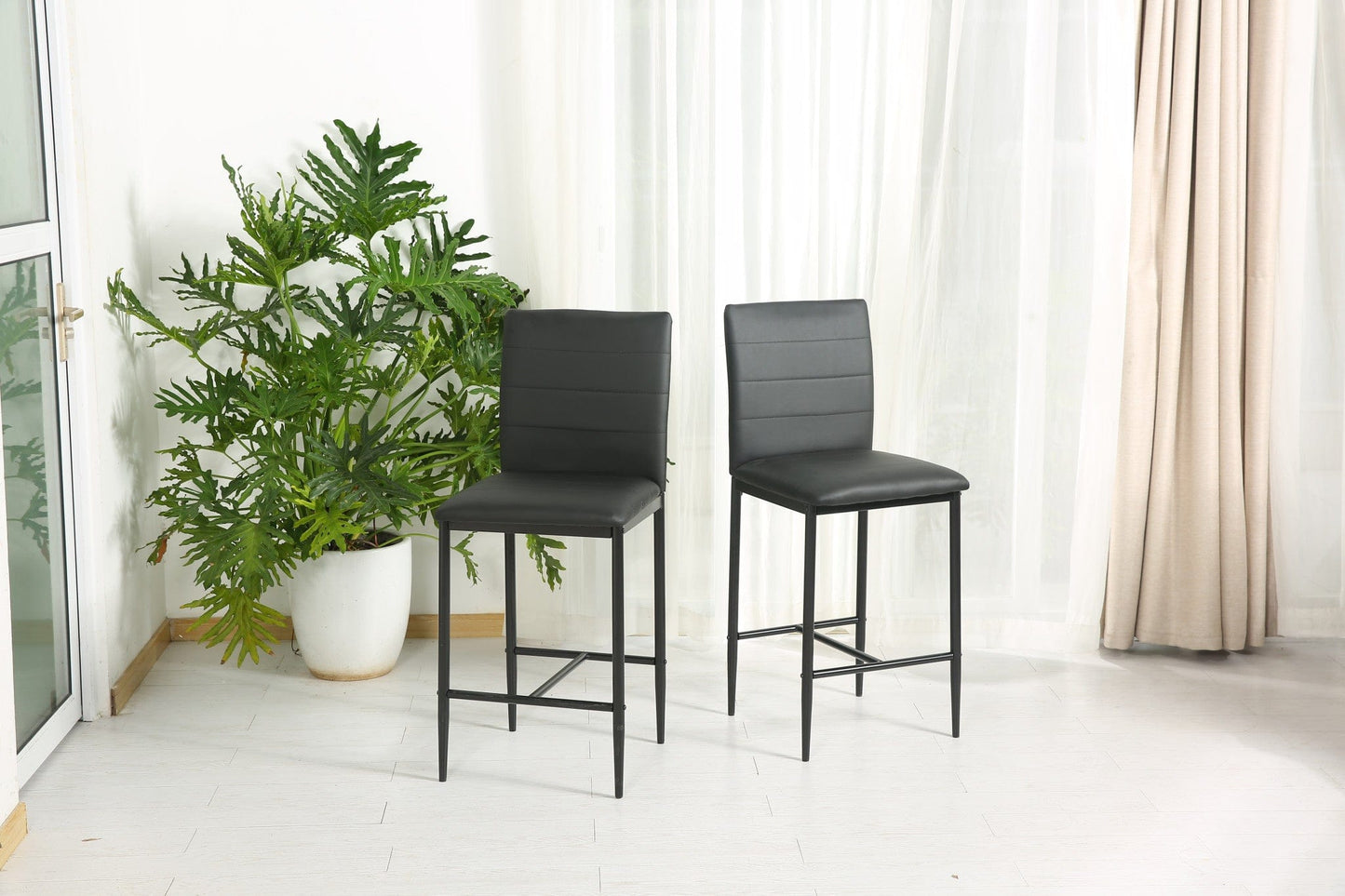 Set Of Two 40" Black Faux Leather And Steel Bar Chairs