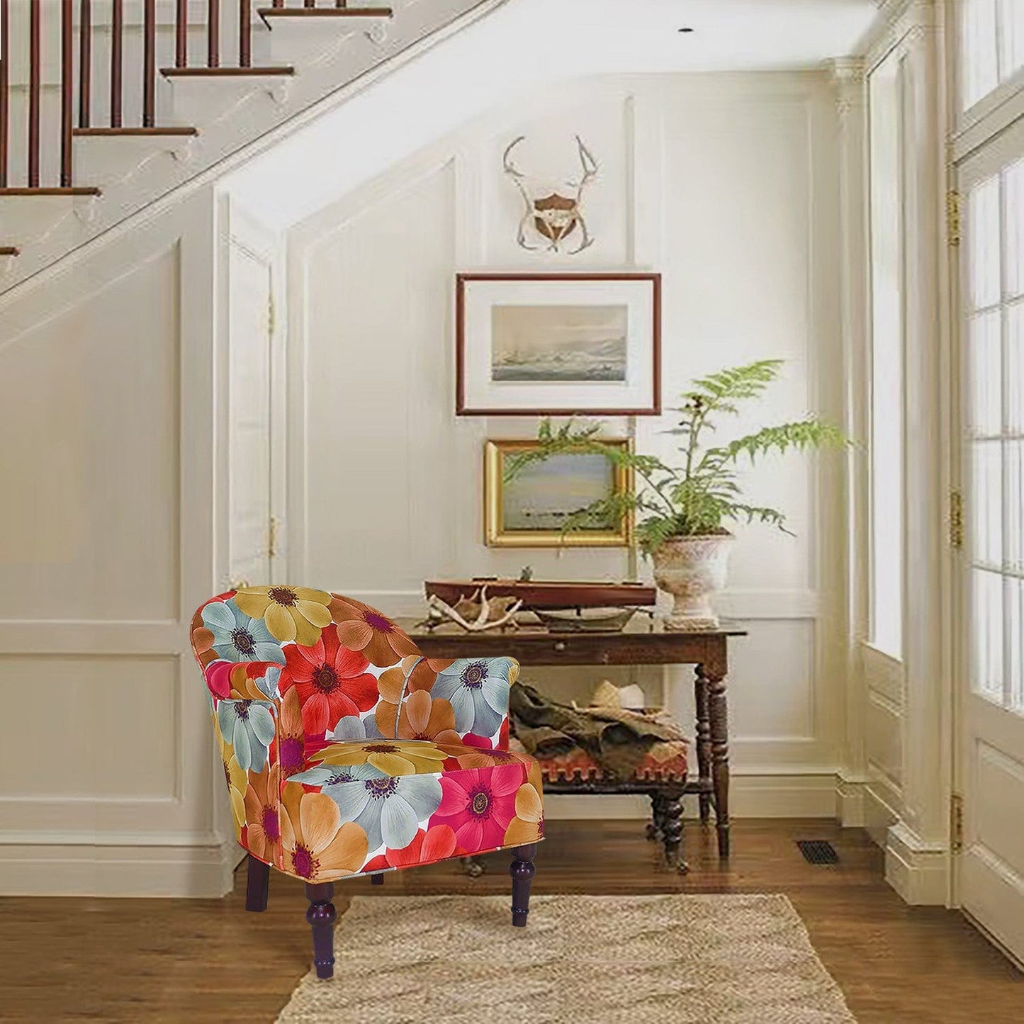 29" Red Gray And Brown Polyester Blend Floral Arm Chair