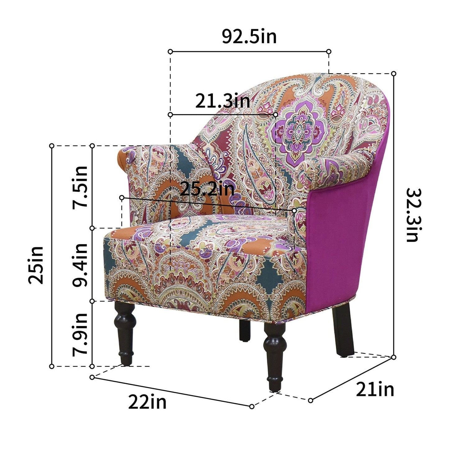 29" Purple Teal And Brown Polyester Blend Paisley Arm Chair