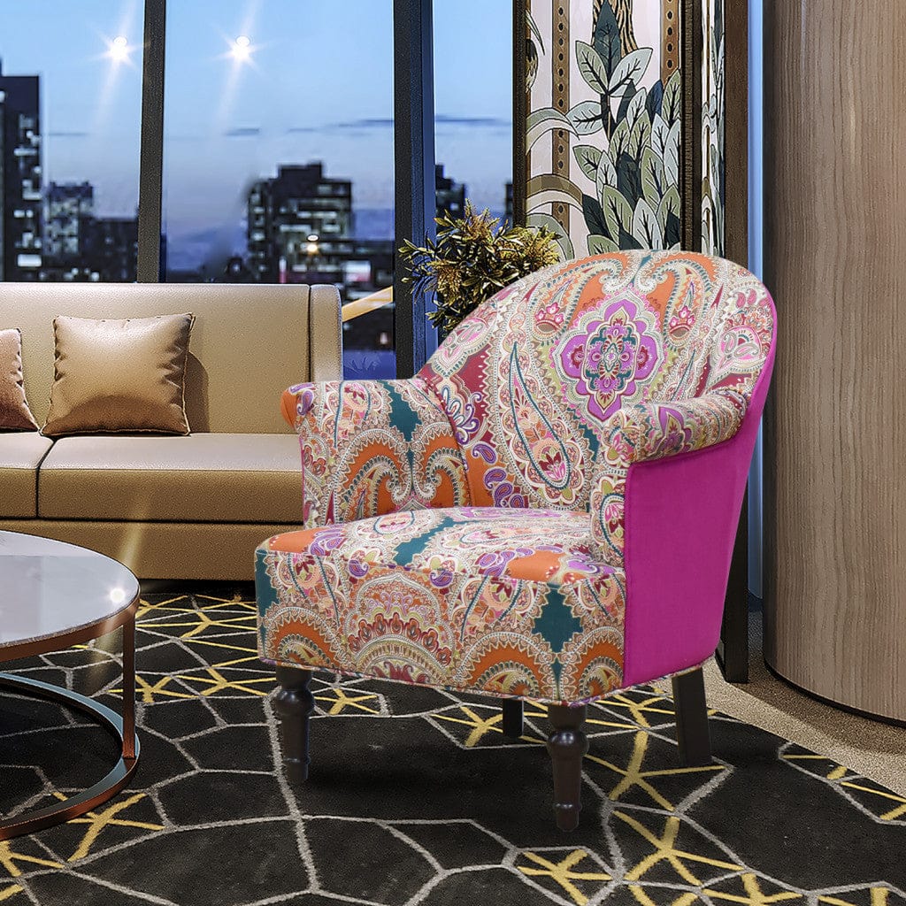 29" Purple Teal And Brown Polyester Blend Paisley Arm Chair