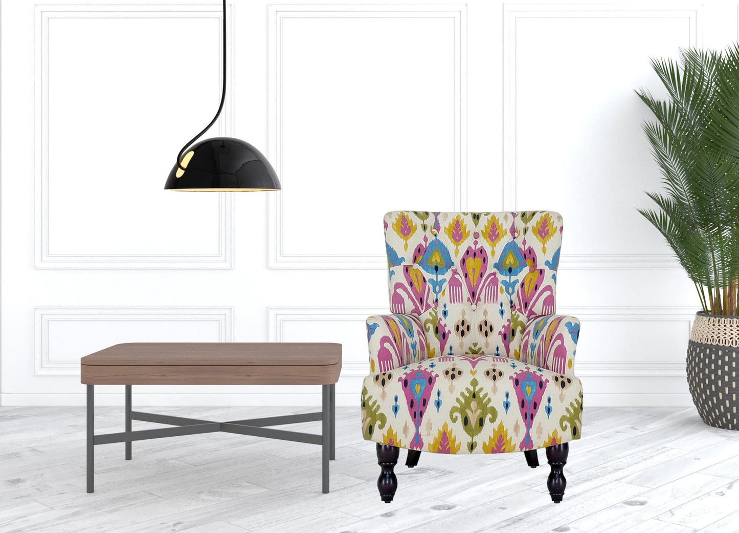 28" Pink Lemongrass And Brown Polyester Blend Abstract Floral Arm Chair