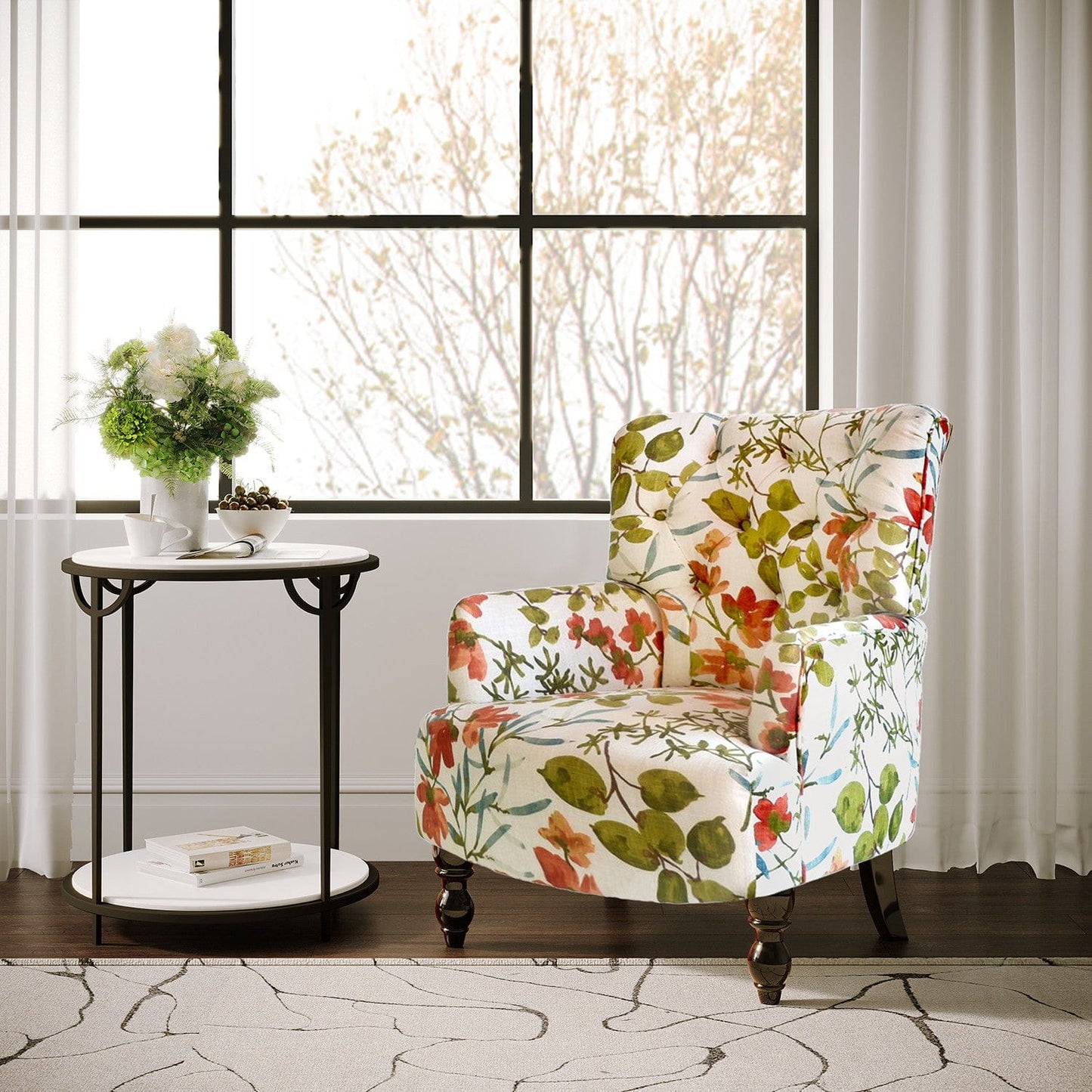 28" Green Coral And Brown Polyester Blend Floral Arm Chair