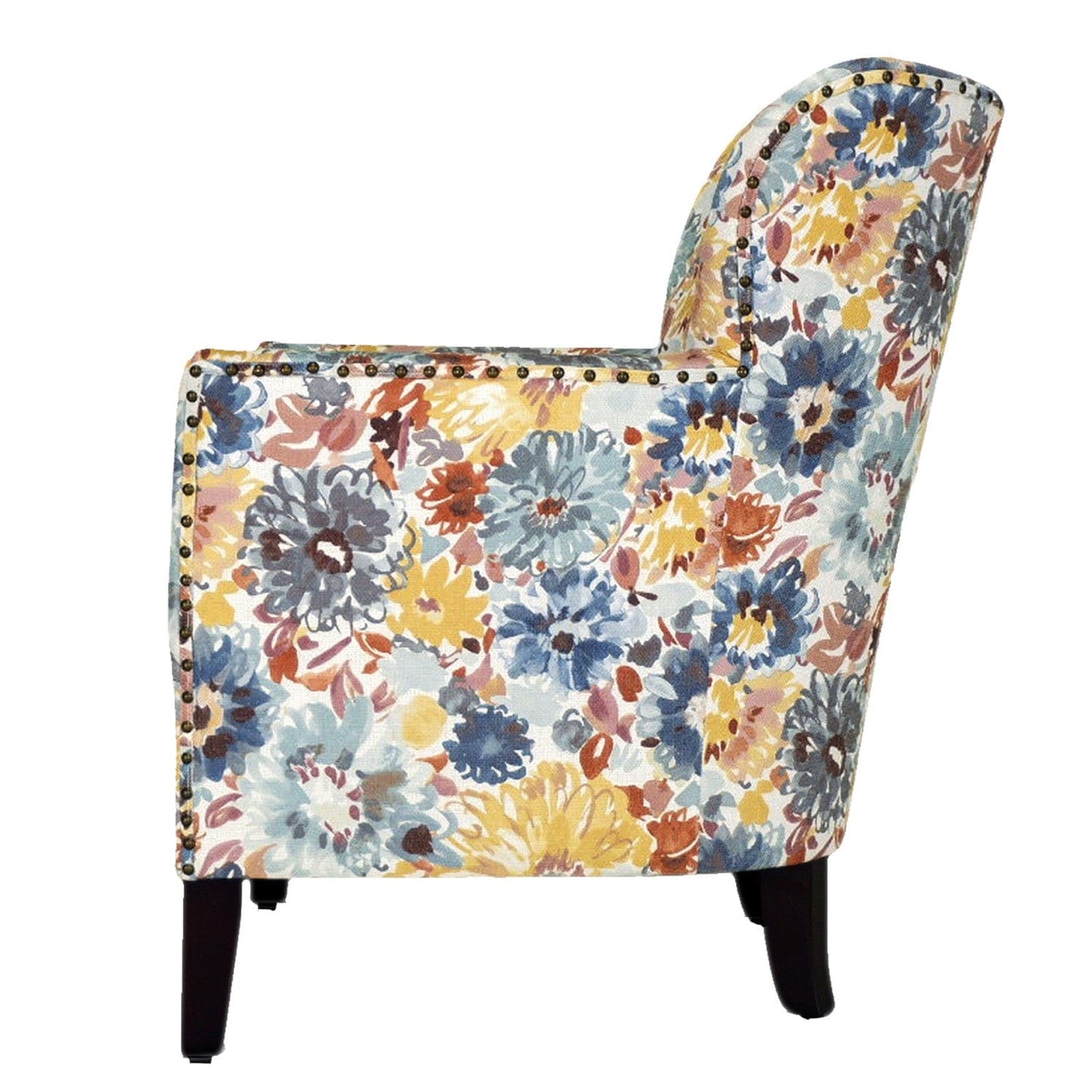 29" Blue Yellow And Brown Polyester Blend Floral Arm Chair