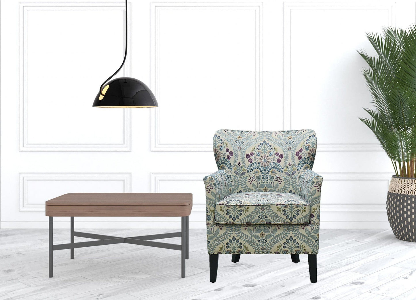 29" Blue Cream And Brown Polyester Blend Floral Arm Chair