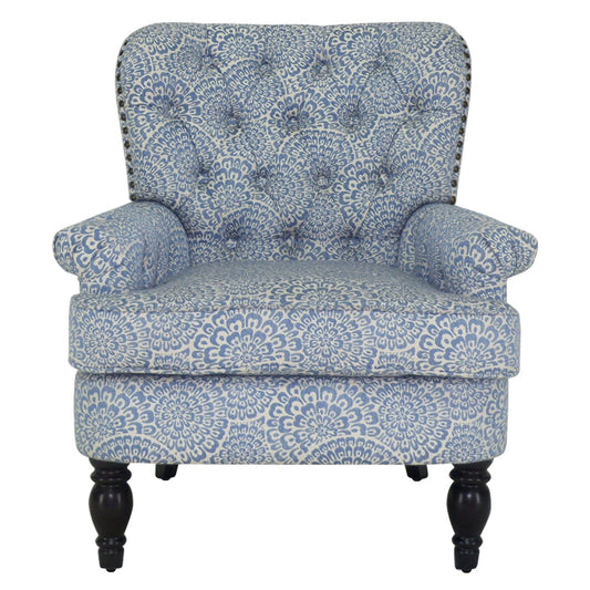 33" Periwinkle Cream And Brown Polyester Blend Floral Wingback Chair