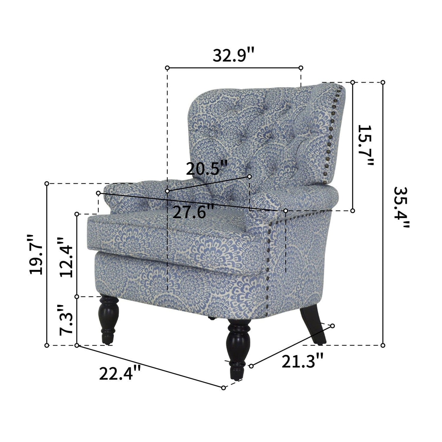 33" Periwinkle Cream And Brown Polyester Blend Floral Wingback Chair