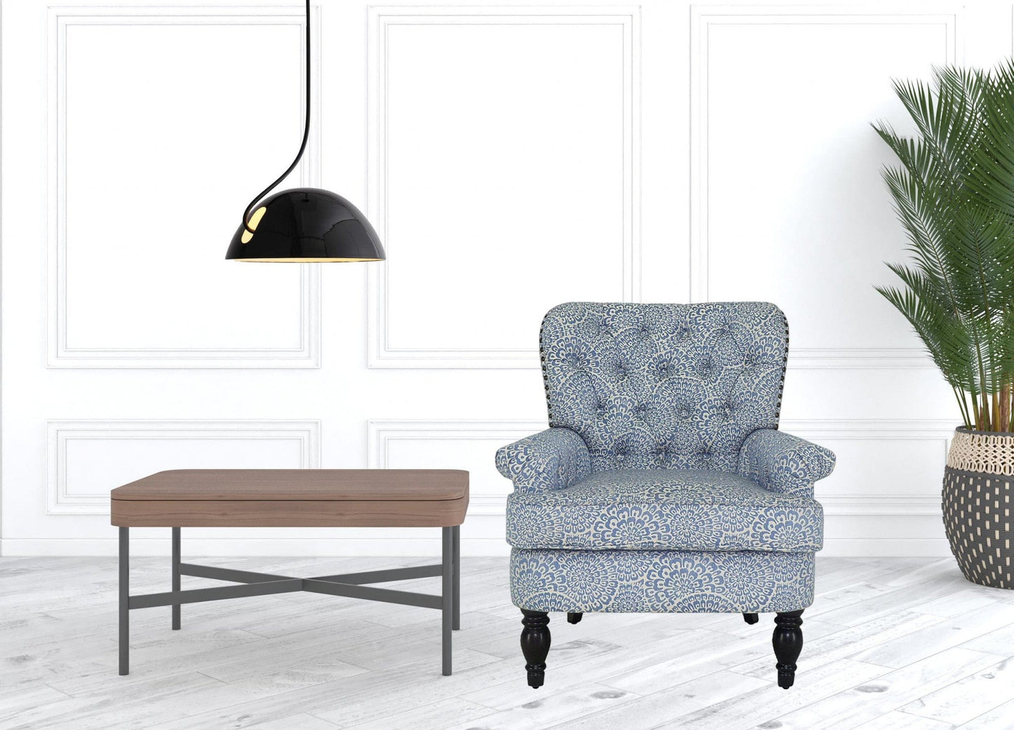 33" Periwinkle Cream And Brown Polyester Blend Floral Wingback Chair