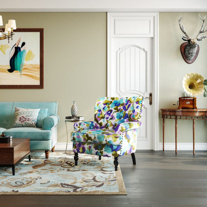 33" Aqua Green Purple And Brown Polyester Blend Floral Wingback Chair