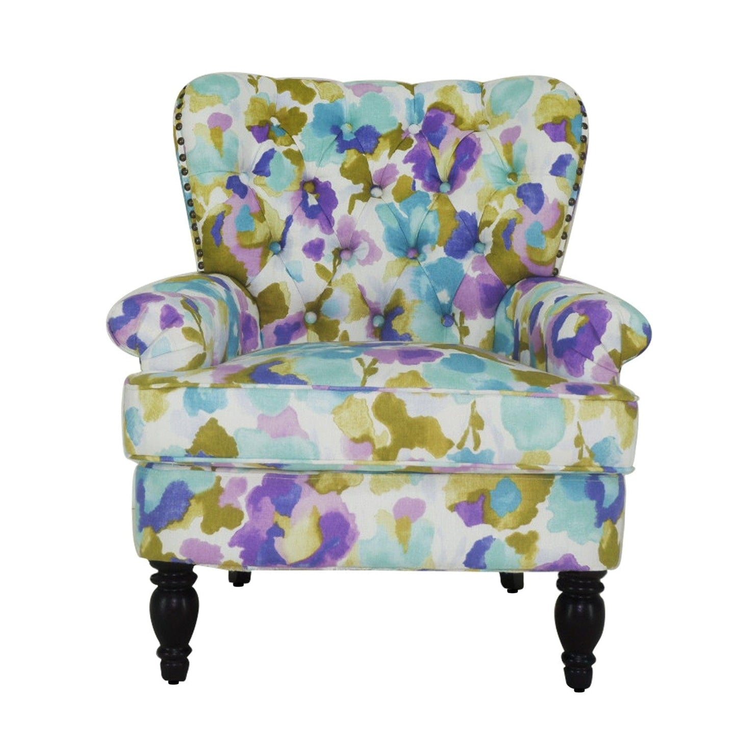 33" Aqua Green Purple And Brown Polyester Blend Floral Wingback Chair