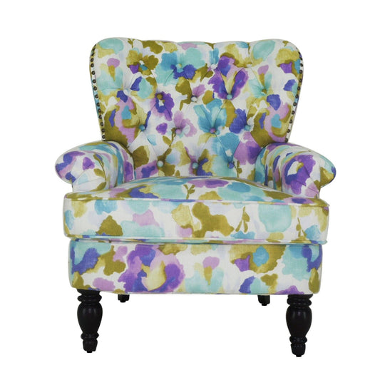 33" Aqua Green Purple And Brown Polyester Blend Floral Wingback Chair