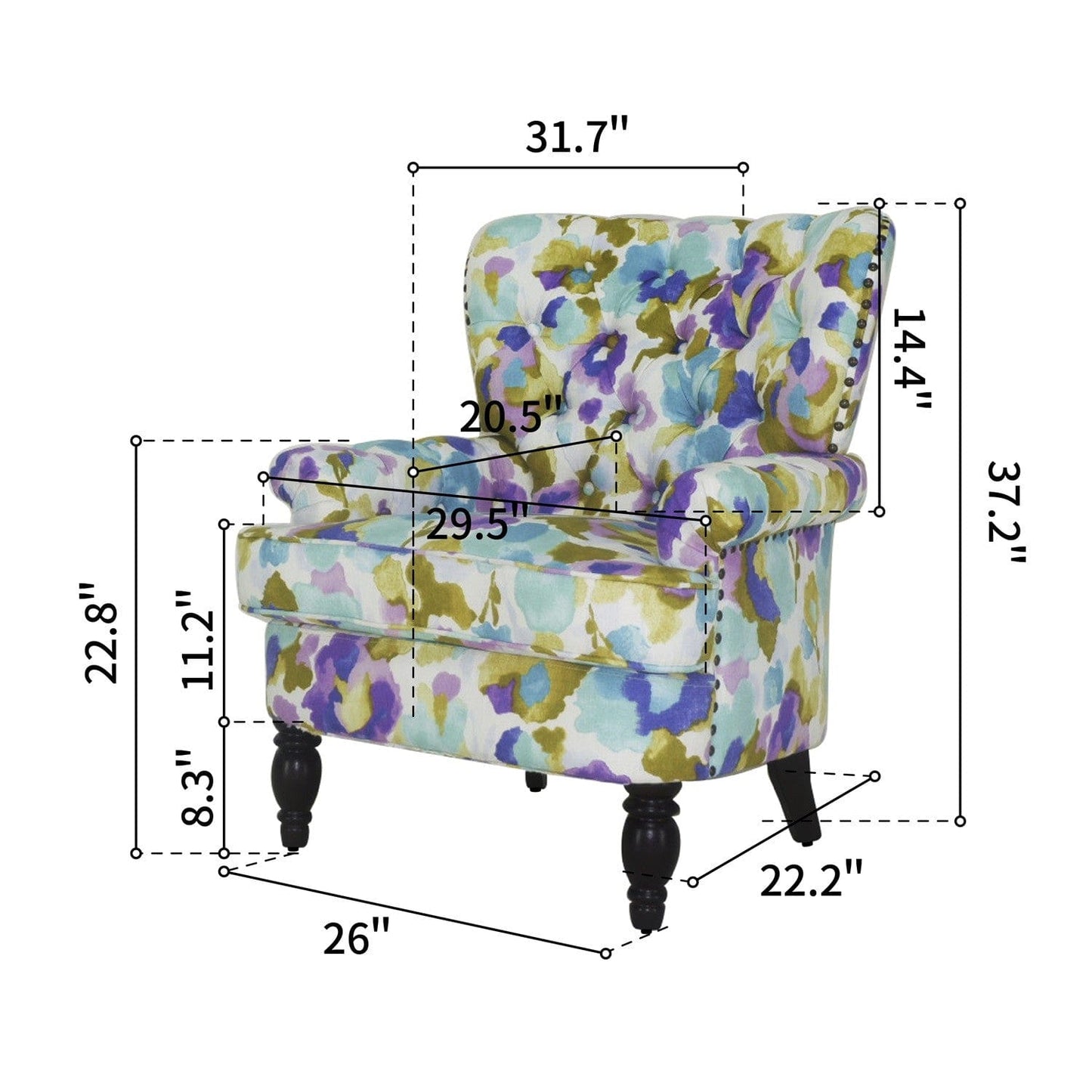 33" Aqua Green Purple And Brown Polyester Blend Floral Wingback Chair