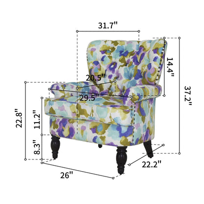 33" Aqua Green Purple And Brown Polyester Blend Floral Wingback Chair