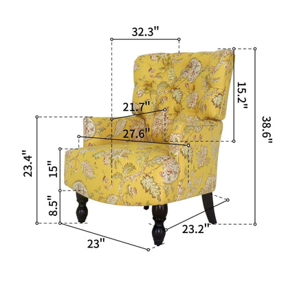 28" Golden Yellow Green And Brown Polyester Blend Toile Arm Chair