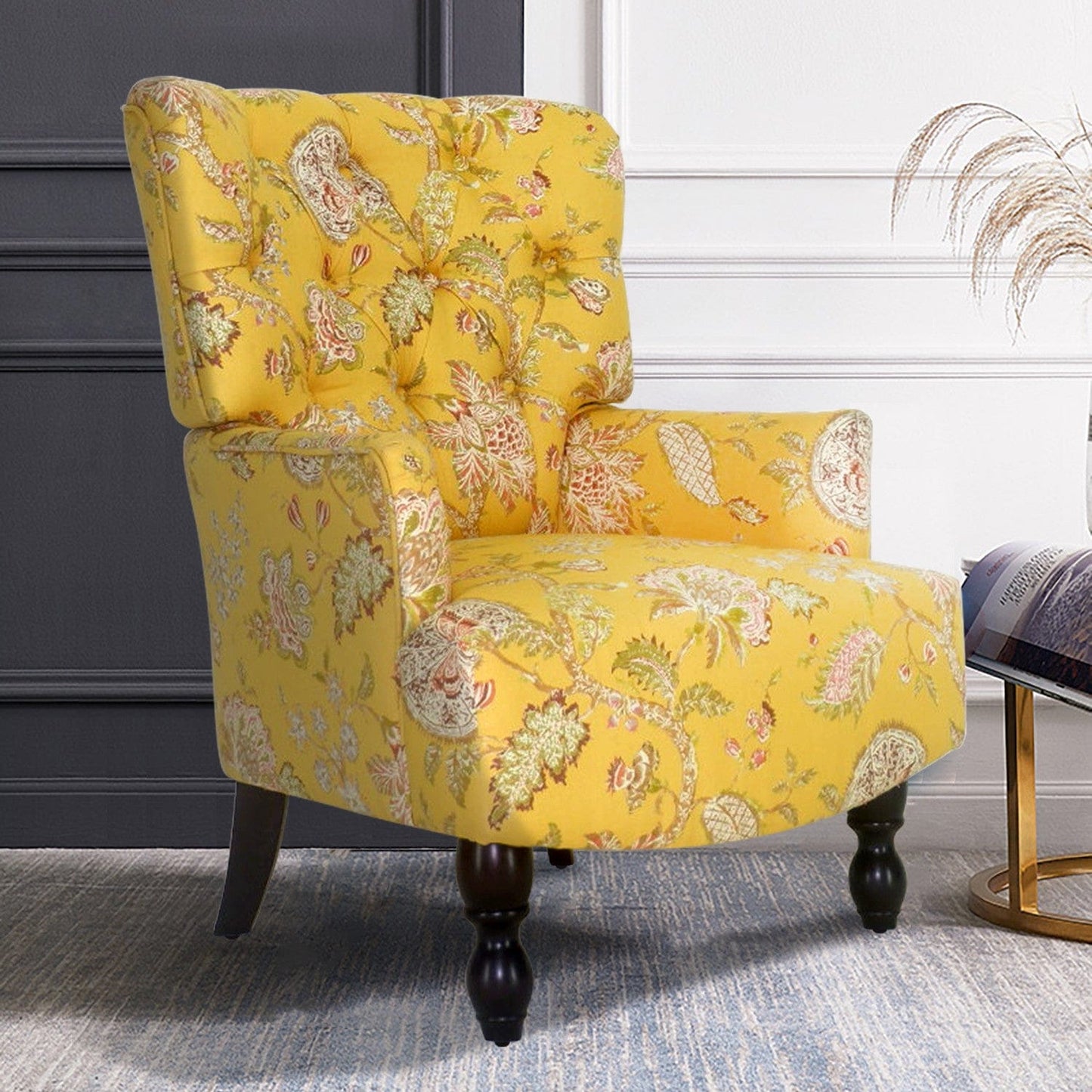 28" Golden Yellow Green And Brown Polyester Blend Toile Arm Chair