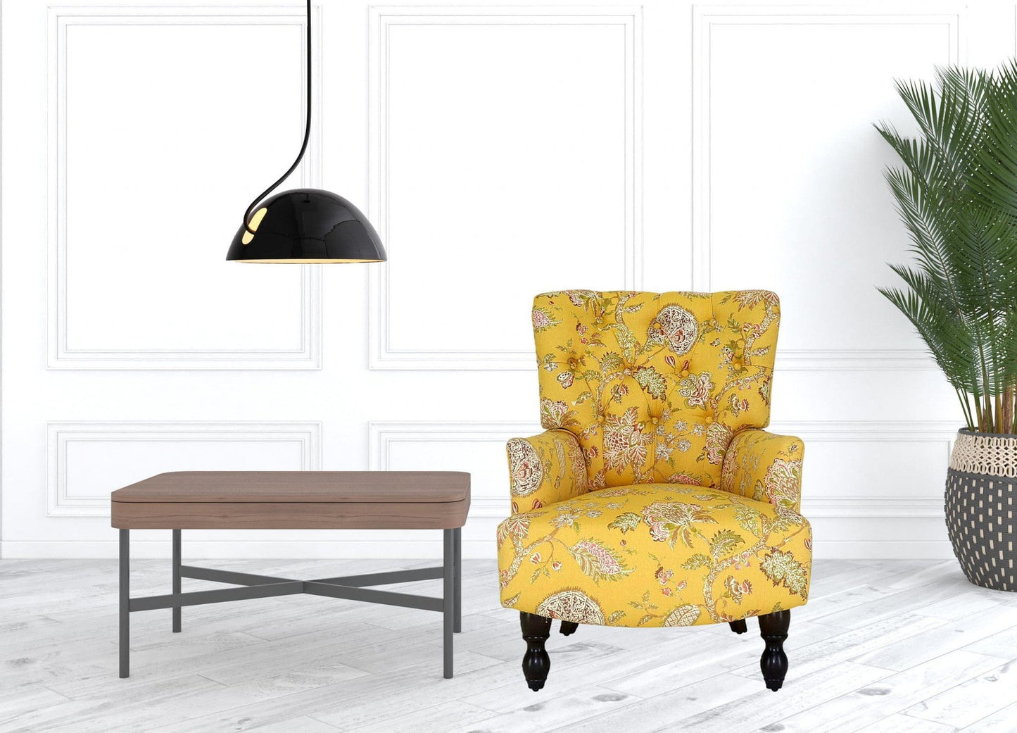 28" Golden Yellow Green And Brown Polyester Blend Toile Arm Chair