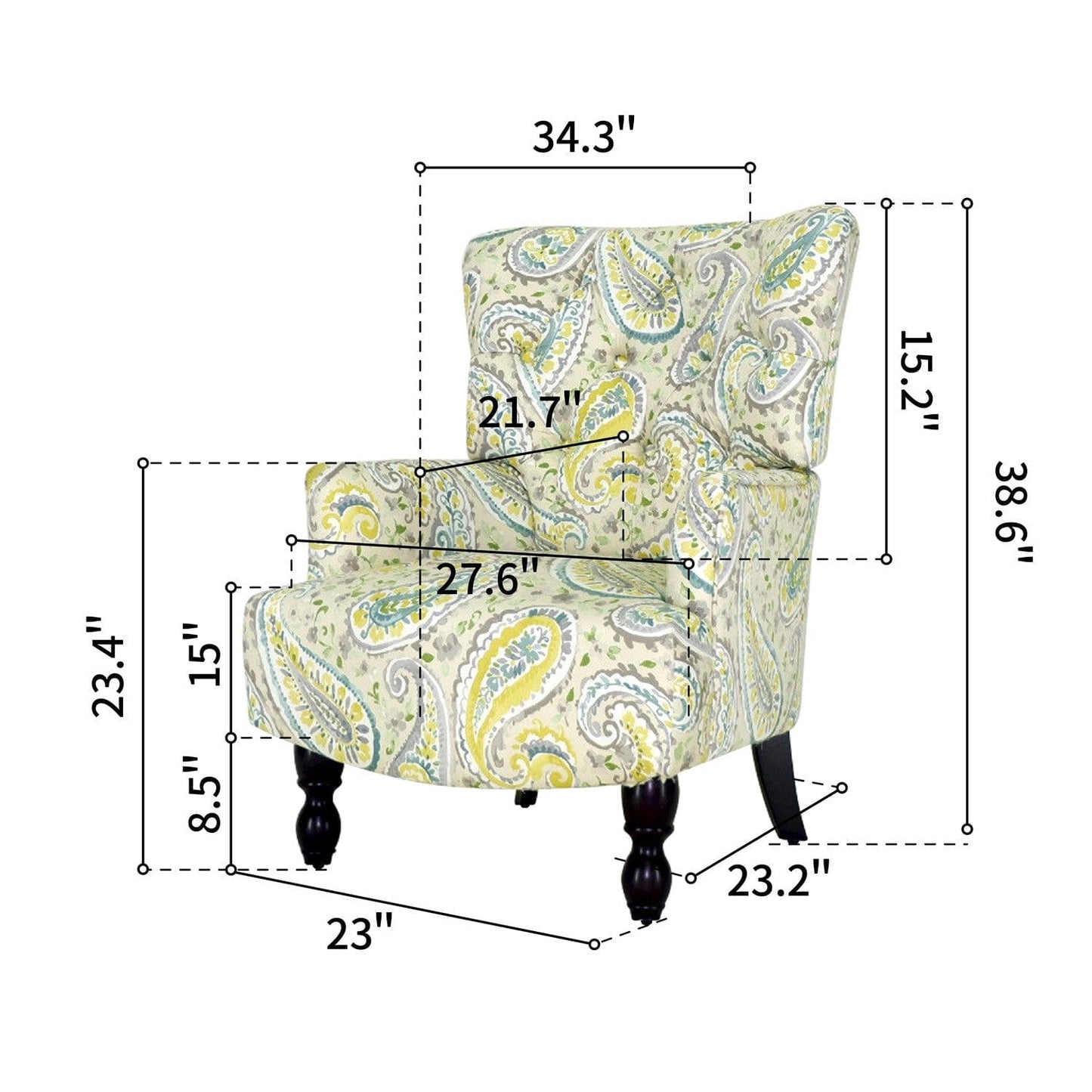 28" Aqua Lemongrass And Brown Polyester Blend Paisley Arm Chair