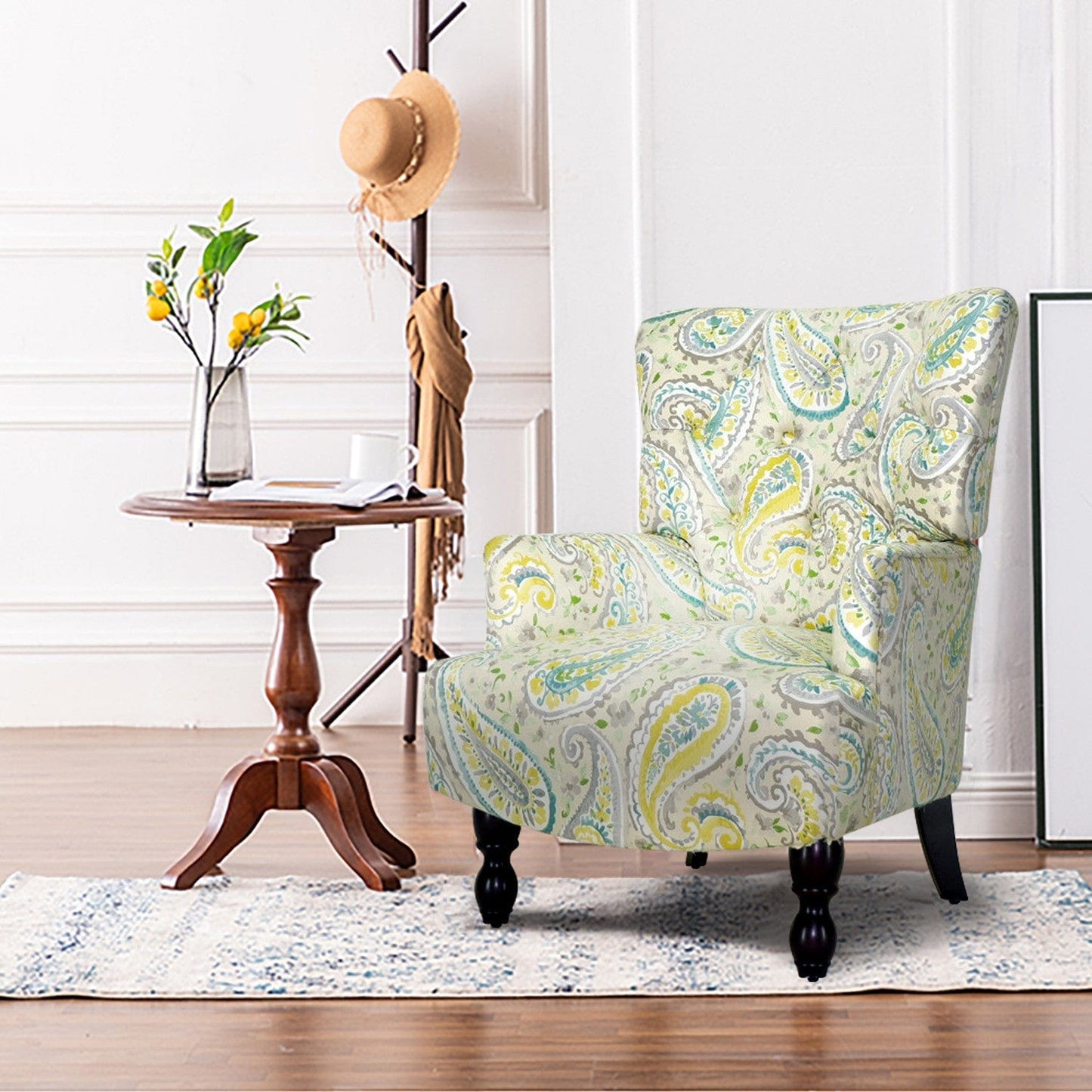 28" Aqua Lemongrass And Brown Polyester Blend Paisley Arm Chair