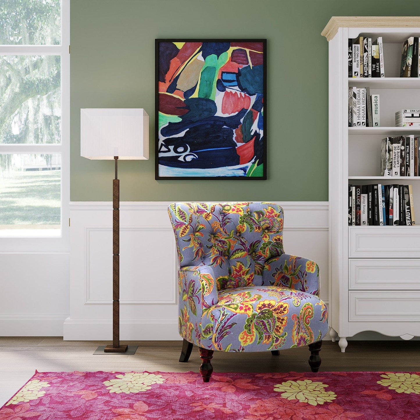 28" Grey Golden And Brown Polyester Blend Floral Arm Chair