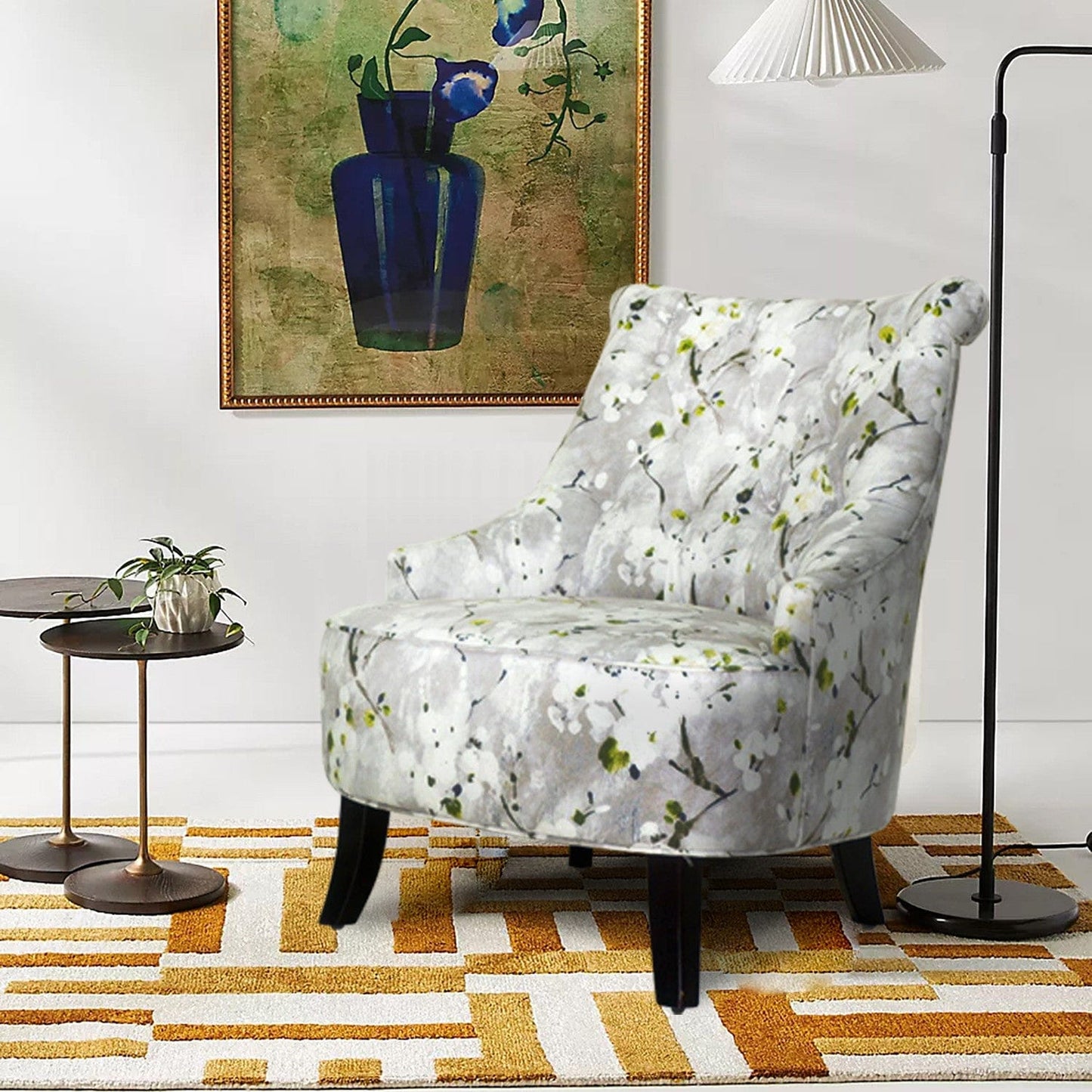 28" Grey Green White And Brown Polyester Blend Floral Wingback Chair