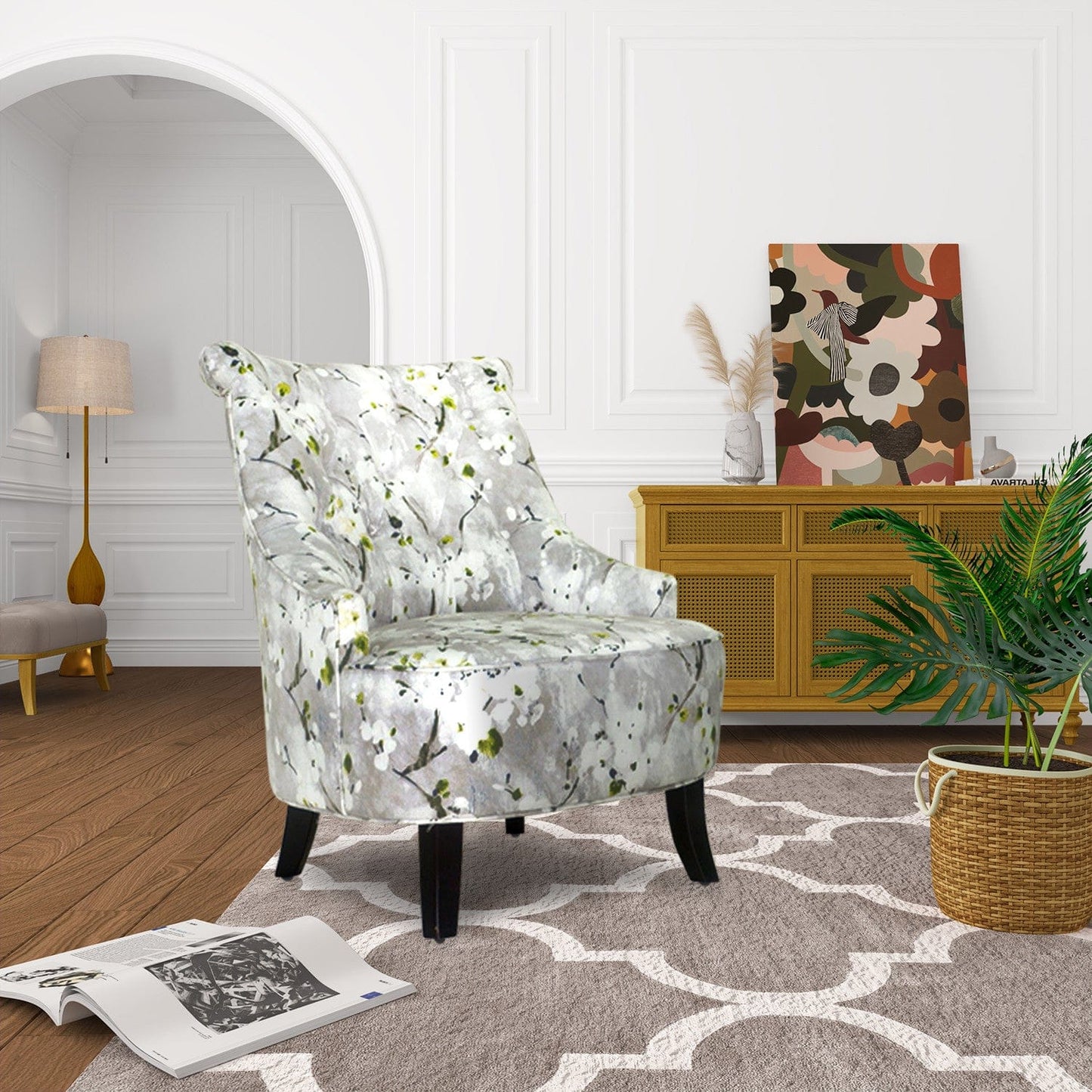 28" Grey Green White And Brown Polyester Blend Floral Wingback Chair