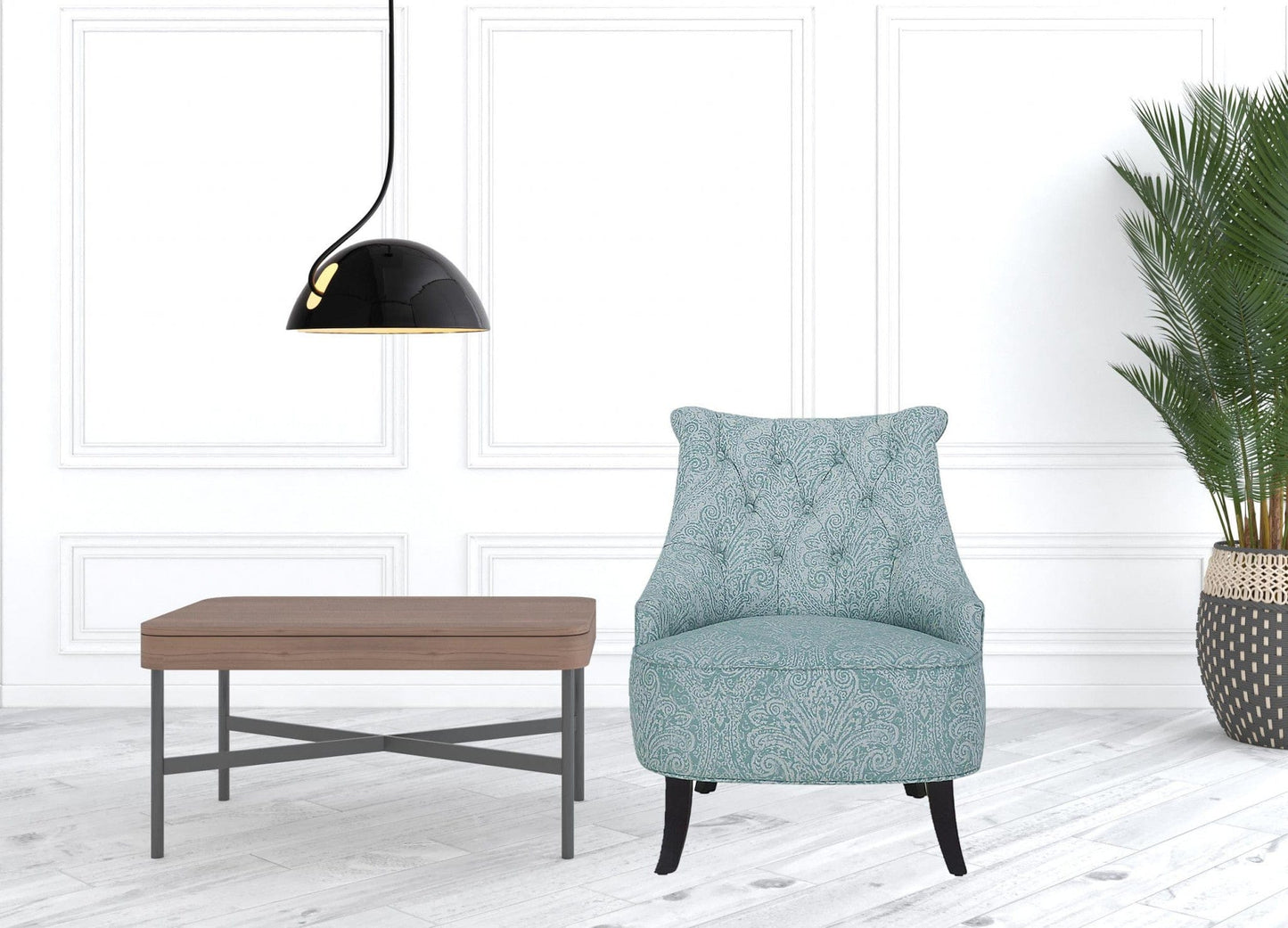 28" Shades Of Aqua And Brown Polyester Blend Damask Wingback Chair