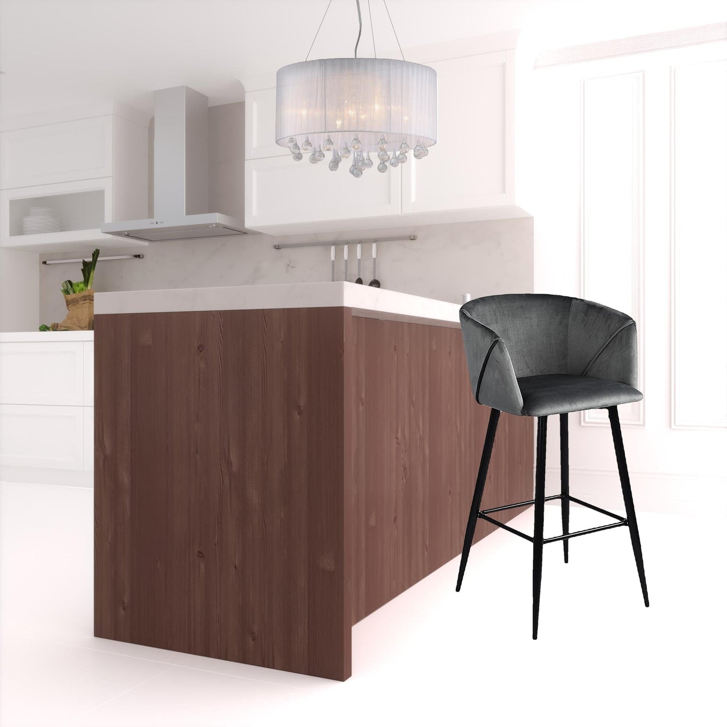 Set Of Two 41" Grey Velvet And Steel Low Back Bar Height Chairs