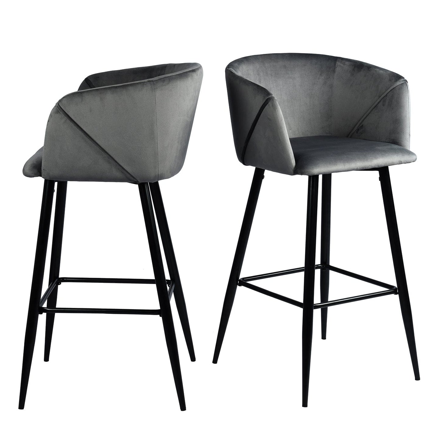 Set Of Two 41" Grey Velvet And Steel Low Back Bar Height Chairs