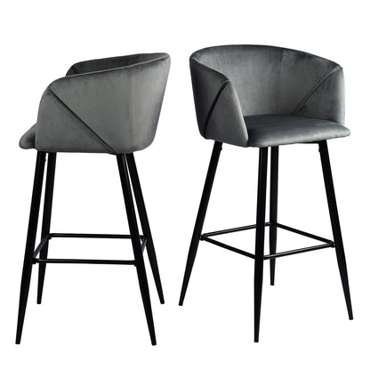 Set Of Two 41" Grey Velvet And Steel Low Back Bar Height Chairs