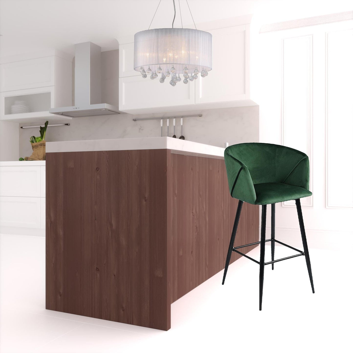 Set Of Two 41" Green Velvet And Steel Low Back Bar Height Chairs