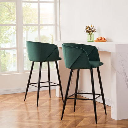 Set Of Two 41" Green Velvet And Steel Low Back Bar Height Chairs