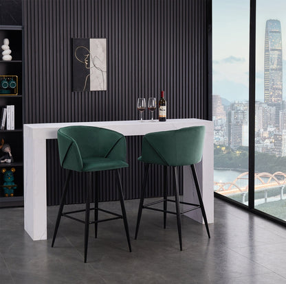 Set Of Two 41" Green Velvet And Steel Low Back Bar Height Chairs