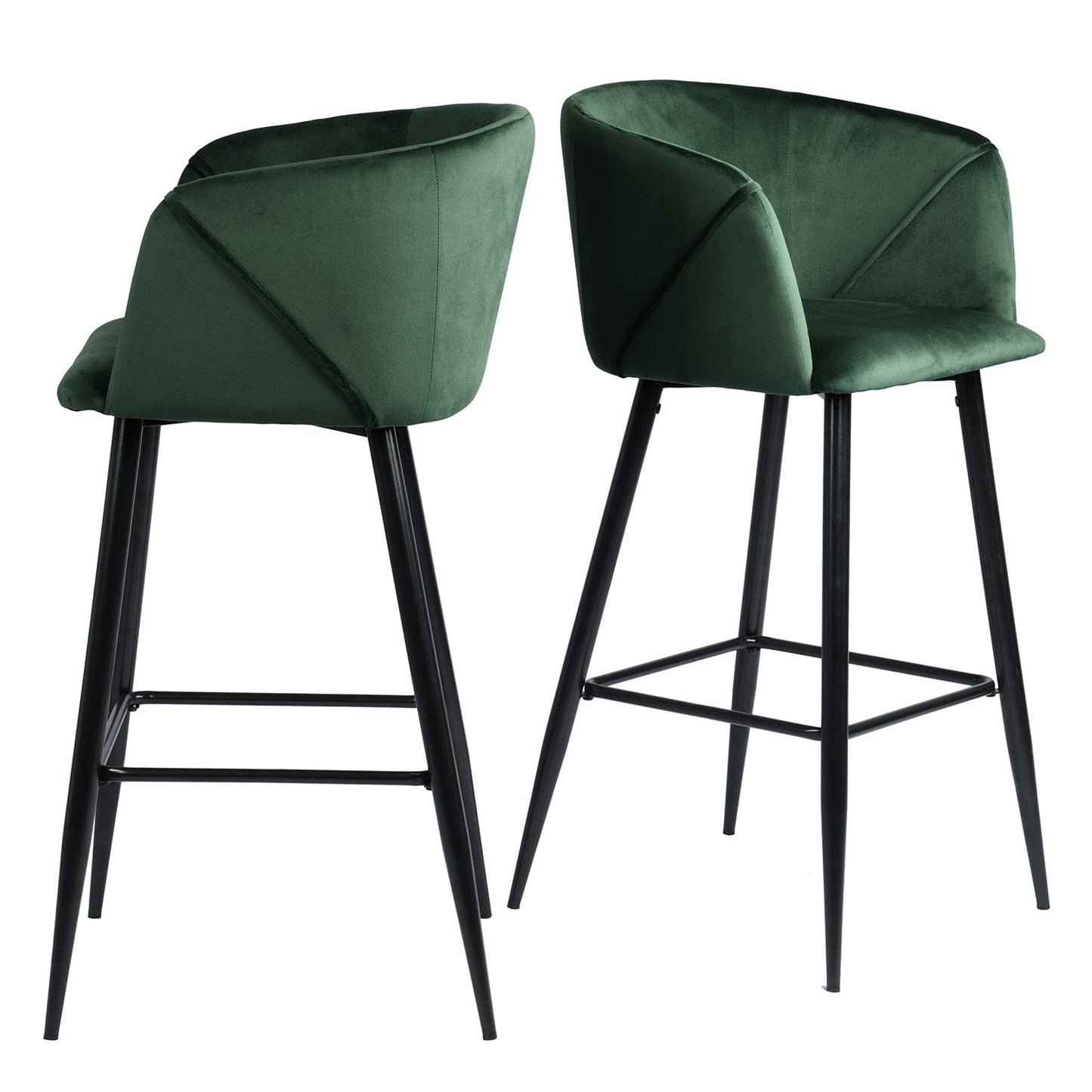 Set Of Two 41" Green Velvet And Steel Low Back Bar Height Chairs