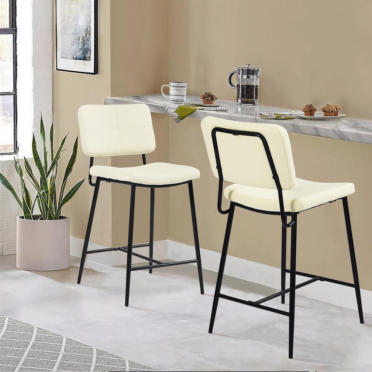 Set Of Two 36" Cream Faux Leather And Black Low Back Counter Height Bar Chairs