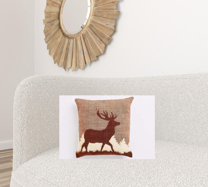 16" X 16" Brown And White Stag Deer Zippered Throw Pillow Cover