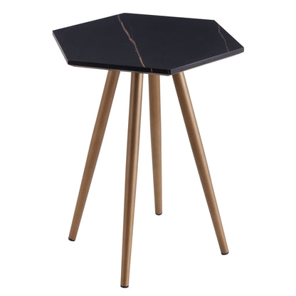 21" Gold And Black Faux Marble Manufactured Wood Hexagon End Table