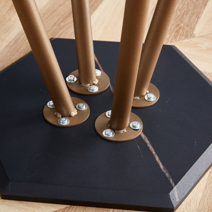 21" Gold And Black Faux Marble Manufactured Wood Hexagon End Table