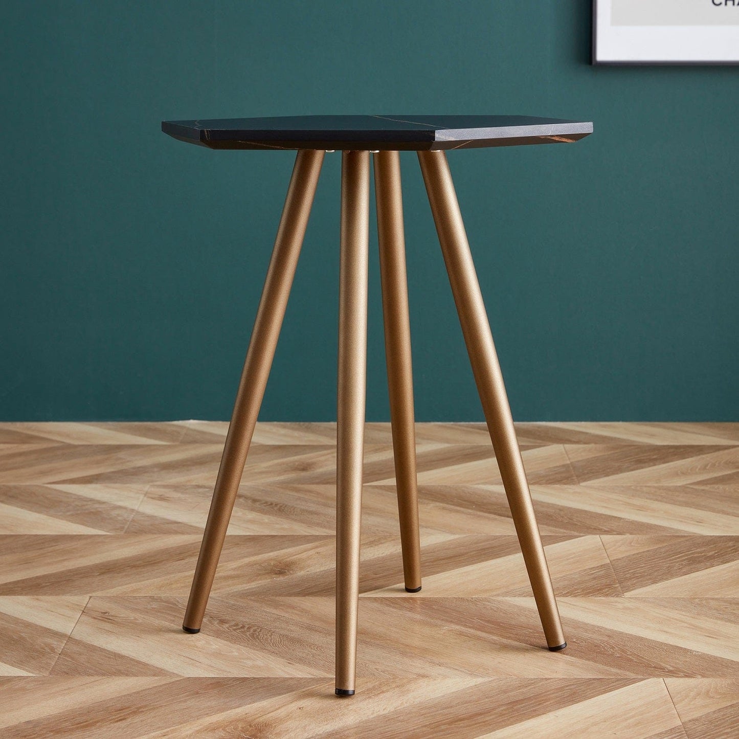 21" Gold And Black Faux Marble Manufactured Wood Hexagon End Table