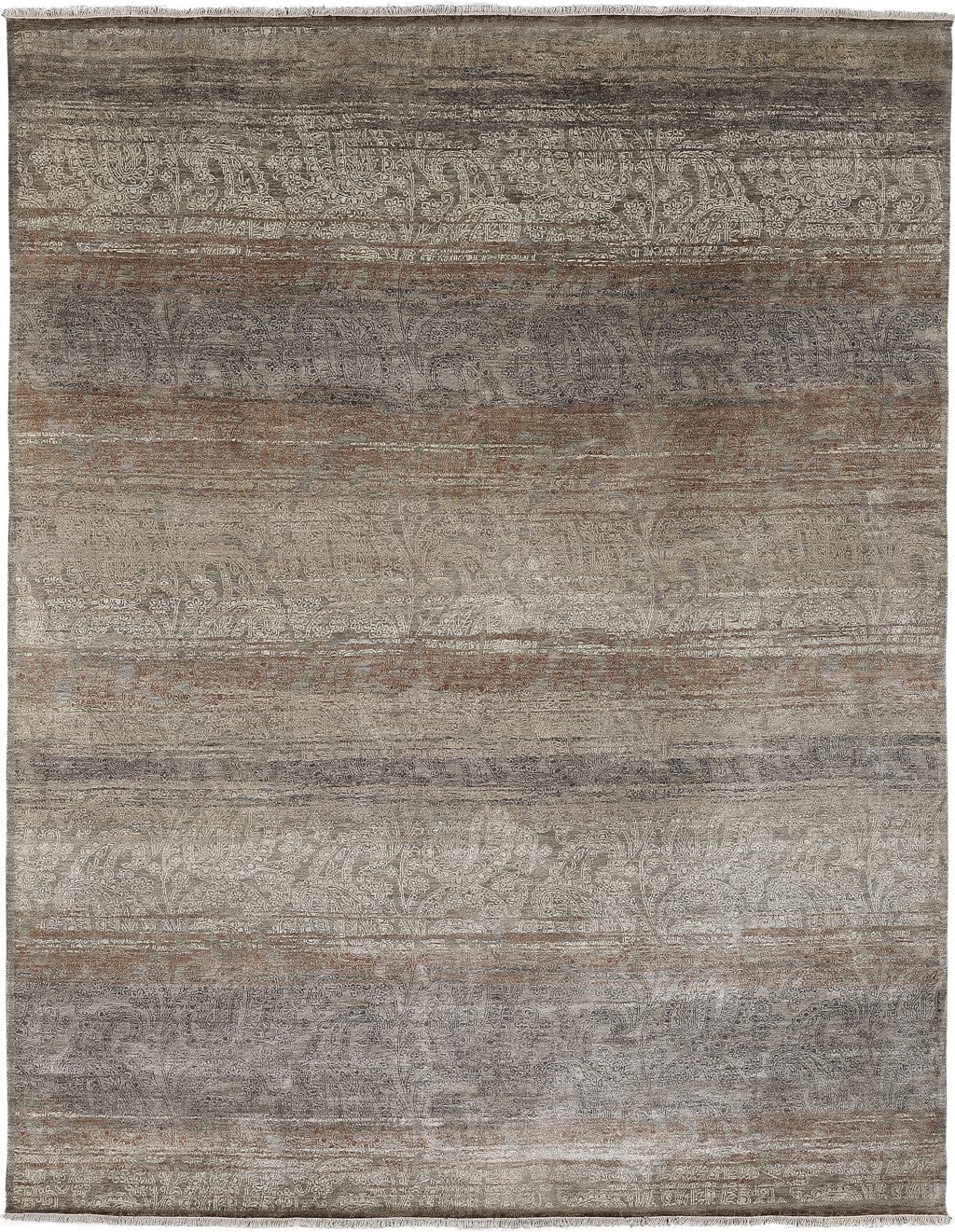 8' X 10' Tan Gold And Gray Paisley Hand Knotted Distressed Area Rug With Fringe