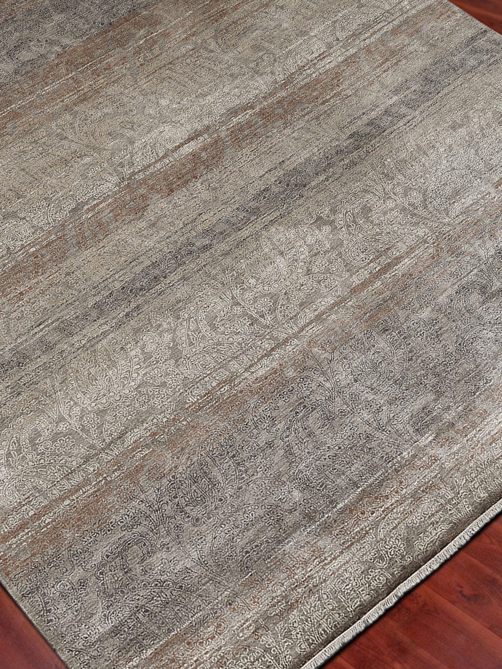 8' X 10' Tan Gold And Gray Paisley Hand Knotted Distressed Area Rug With Fringe