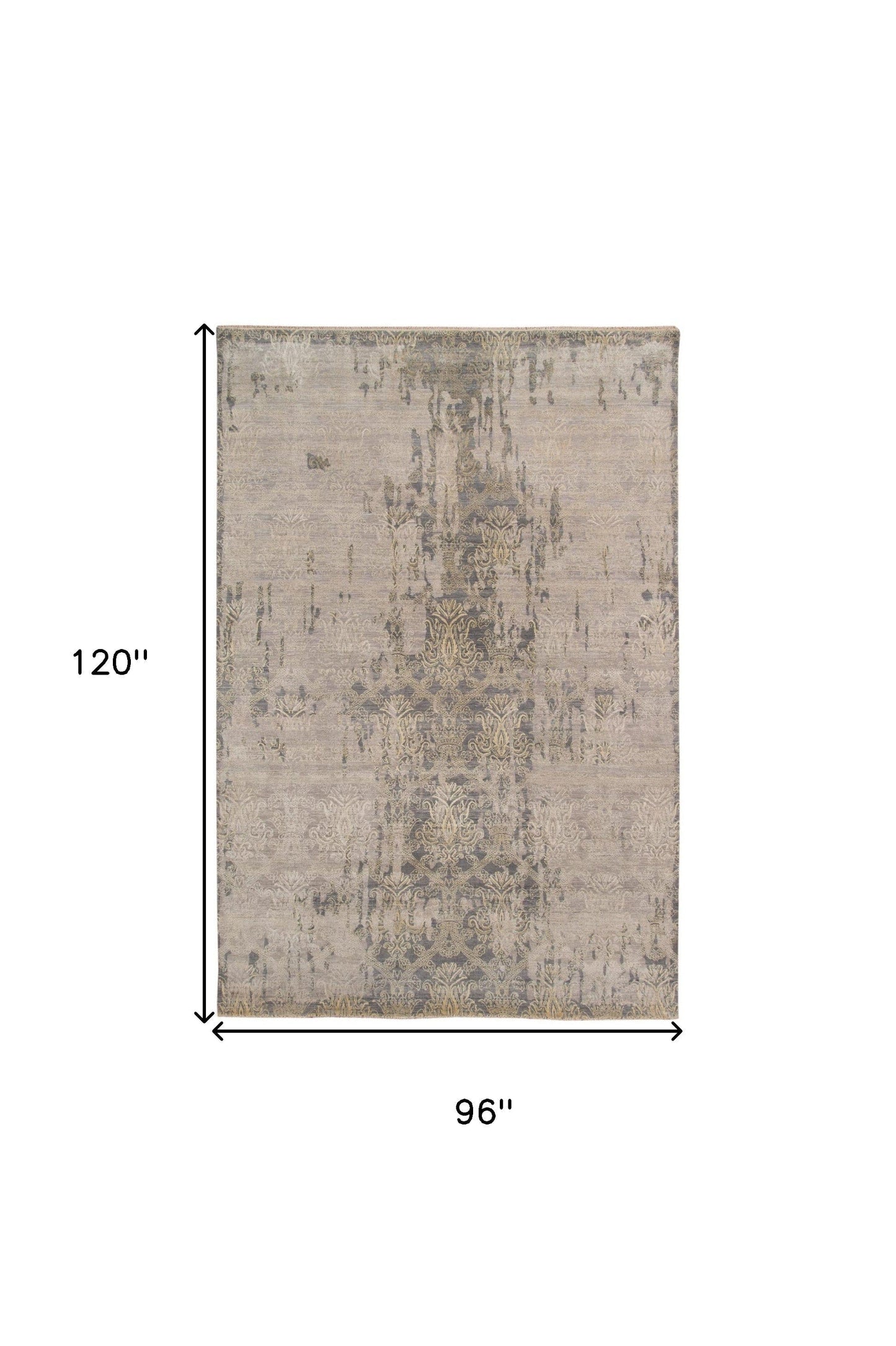 8' X 10' Gray Pearl New Zealand Lambs Wool Damask Distressed Area Rug With Fringe