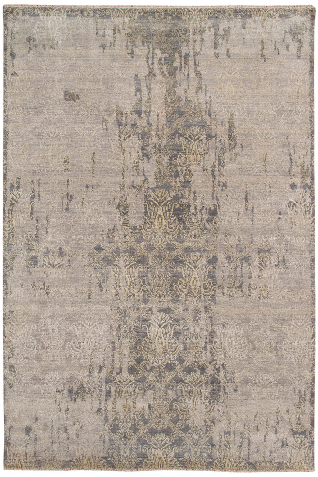 8' X 10' Gray Pearl New Zealand Lambs Wool Damask Distressed Area Rug With Fringe