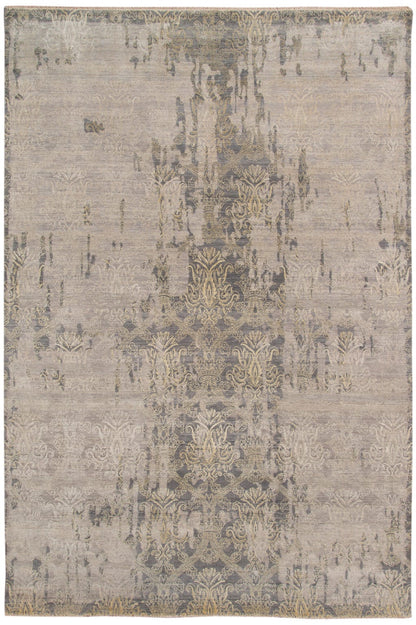 8' X 10' Gray Pearl New Zealand Lambs Wool Damask Distressed Area Rug With Fringe