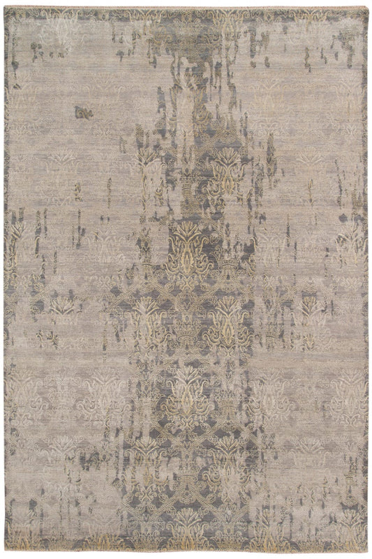 8' X 10' Gray Pearl New Zealand Lambs Wool Damask Distressed Area Rug With Fringe