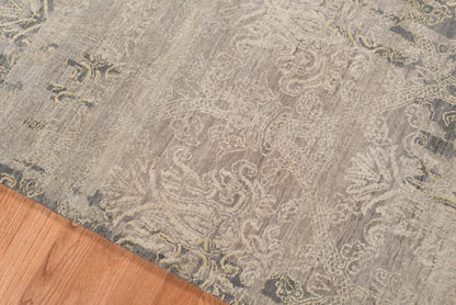 8' X 10' Gray Pearl New Zealand Lambs Wool Damask Distressed Area Rug With Fringe