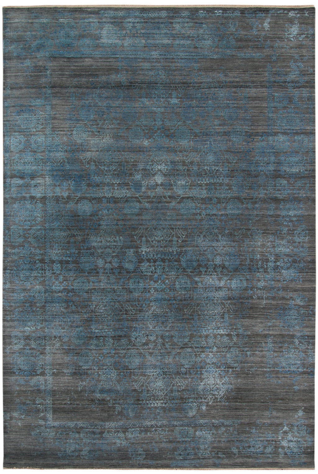 8' X 10' Dark Gray And Blue New Zealand Lambs Wool Damask Hand Knotted Area Rug With Fringe