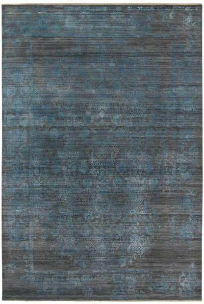 8' X 10' Dark Gray And Blue New Zealand Lambs Wool Damask Hand Knotted Area Rug With Fringe