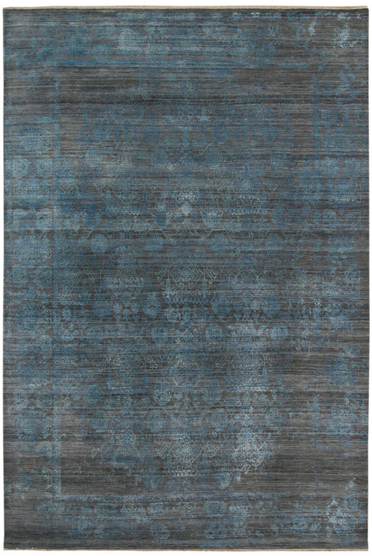8' X 10' Dark Gray And Blue New Zealand Lambs Wool Damask Hand Knotted Area Rug With Fringe