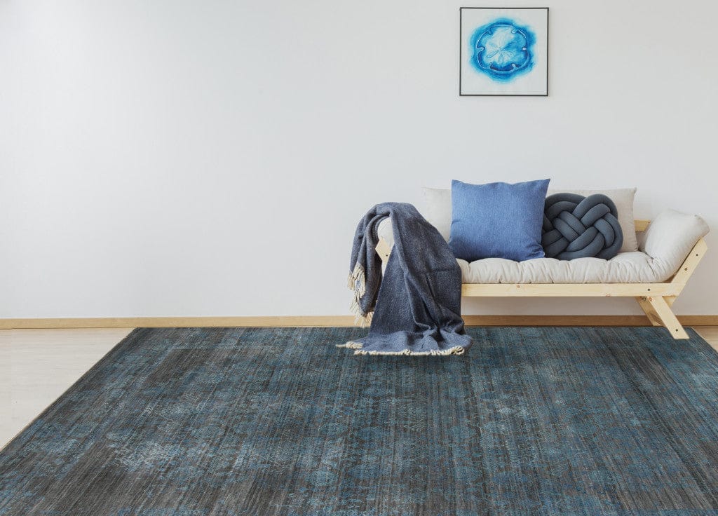 8' X 10' Dark Gray And Blue New Zealand Lambs Wool Damask Hand Knotted Area Rug With Fringe